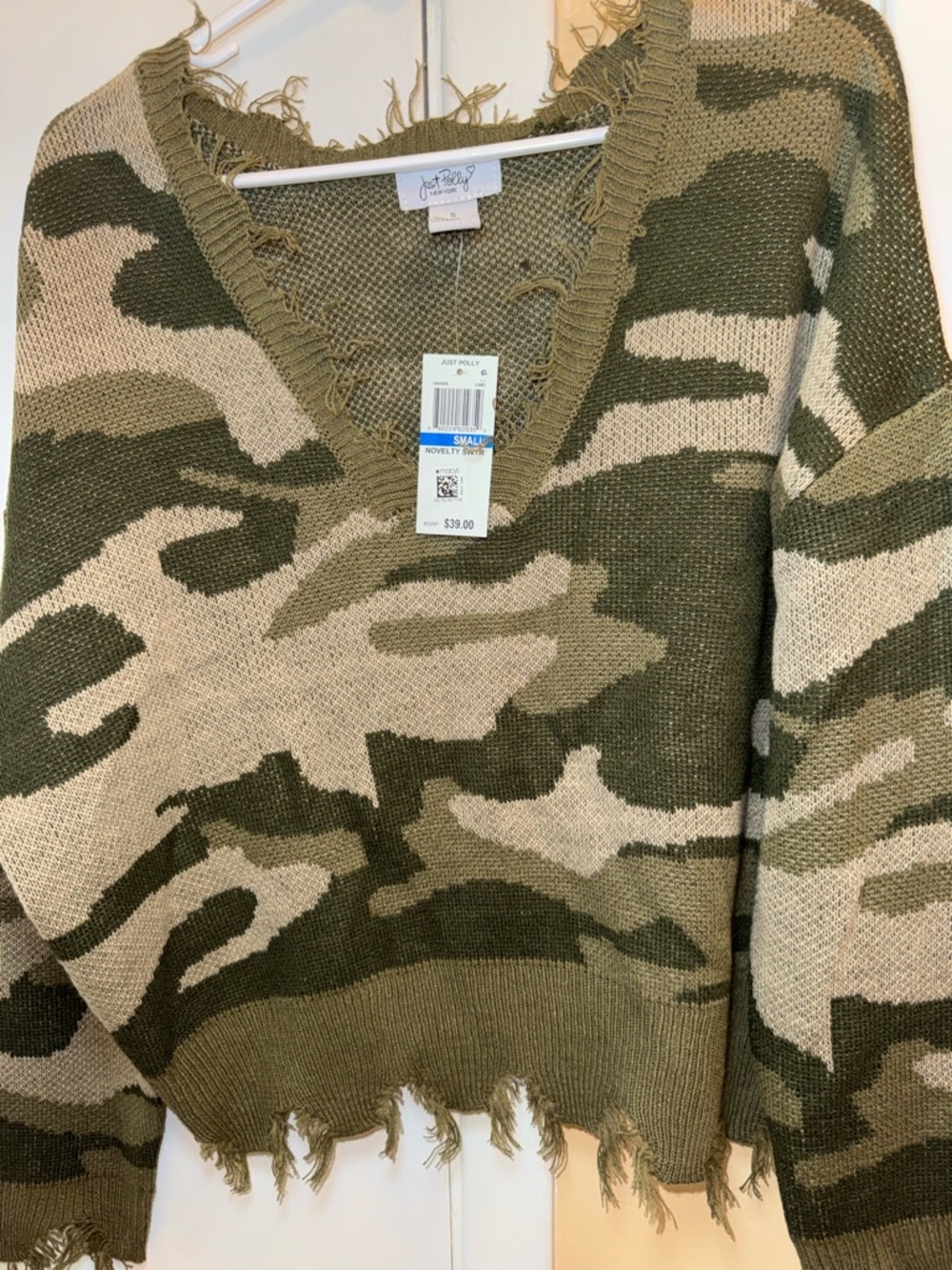 Just Black Distressed Olive Camo V-Neck Sweater